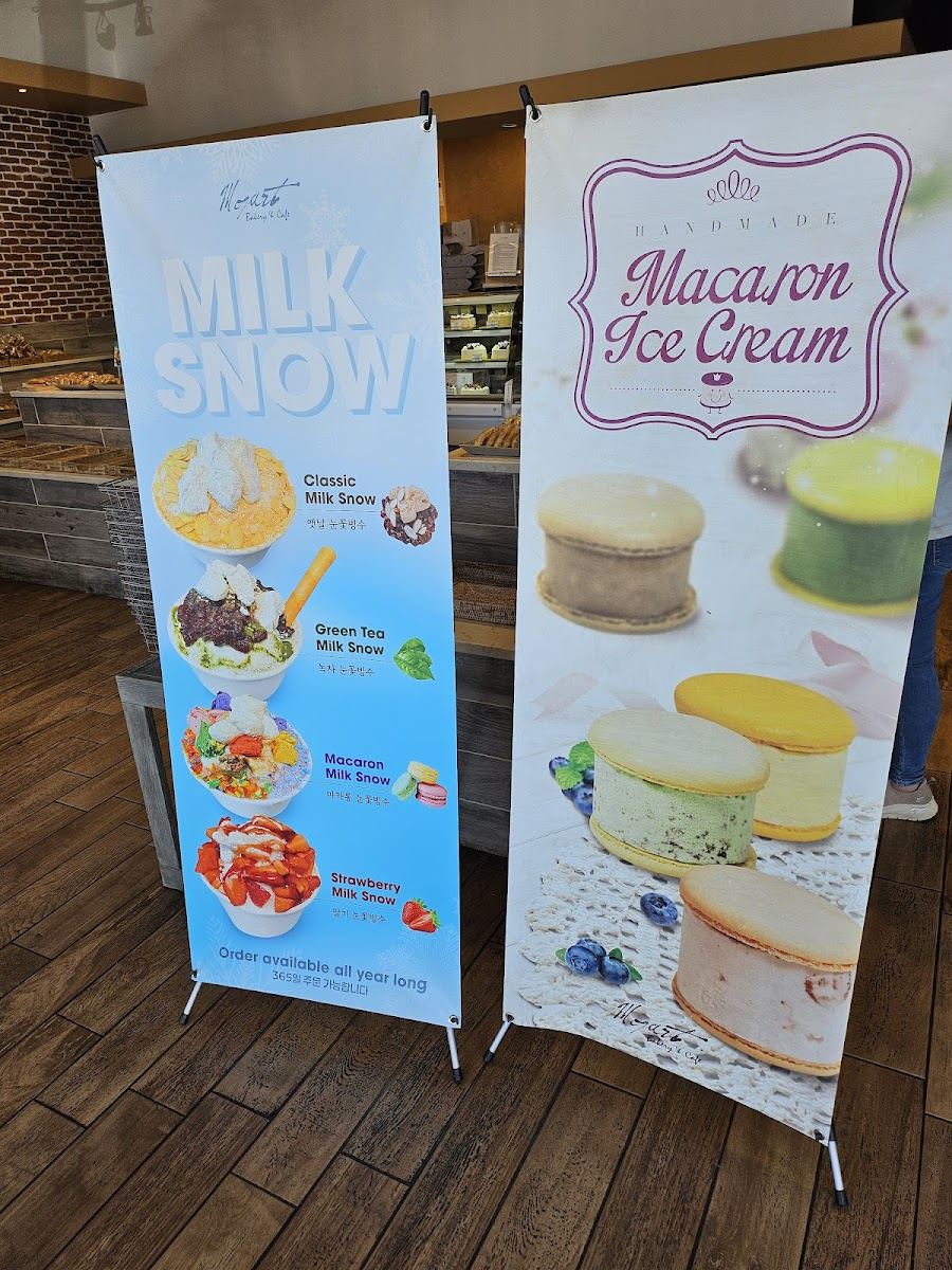 In store banners for Milk Snow shaved ice and handmade macaron ice cream at Mozart Bakery