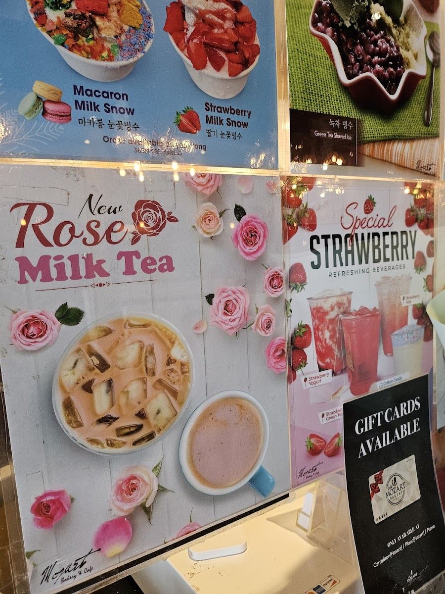 Posters for Rose Milk Tea, strawberry drinks and Milk Snow at Mozart Bakery
